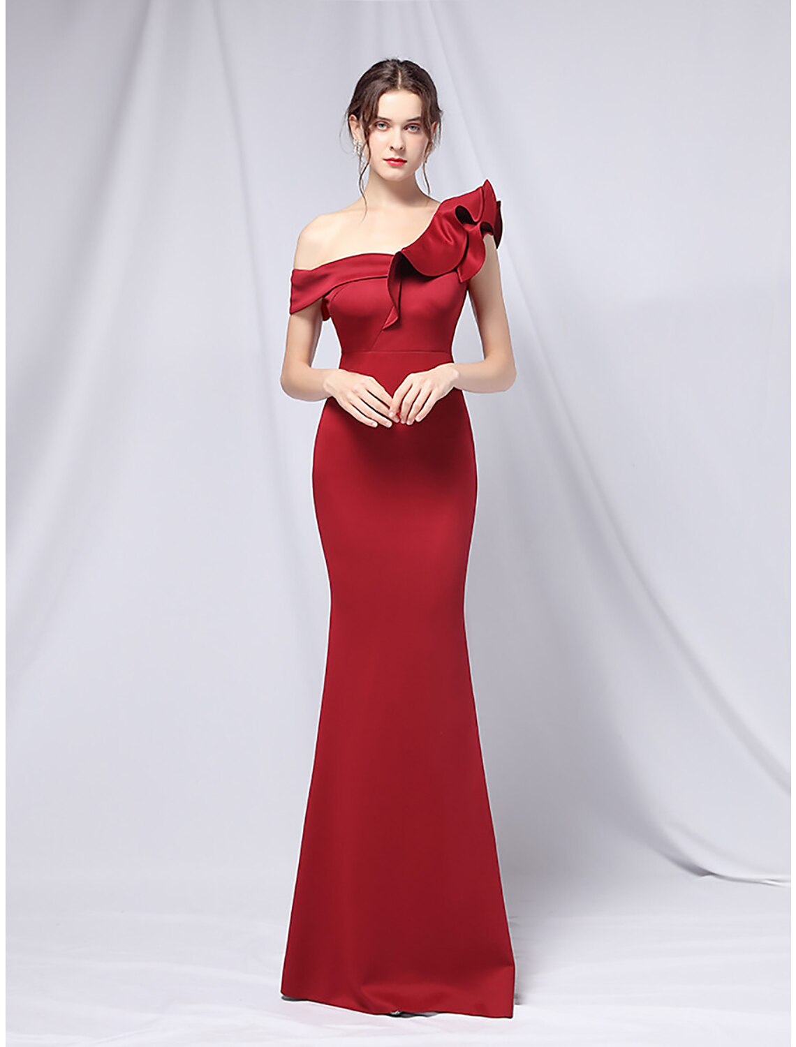 Mermaid / Trumpet Evening Gown Empire Dress Wedding Guest Formal Evening Floor Length Short Sleeve One Shoulder Stretch Satin with Ruffles