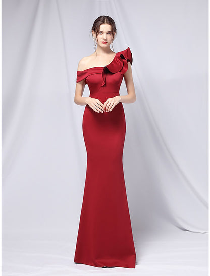 Mermaid / Trumpet Evening Gown Empire Dress Wedding Guest Formal Evening Floor Length Short Sleeve One Shoulder Stretch Satin with Ruffles