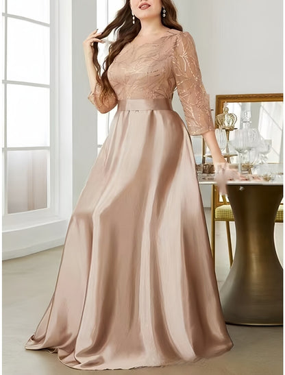 A-Line Plus Size Curve Mother of the Bride Dress Wedding Guest Plus Size Sparkle & Shine Scoop Neck Sweep / Brush Train Satin 3/4 Length Sleeve with Pleats Sequin