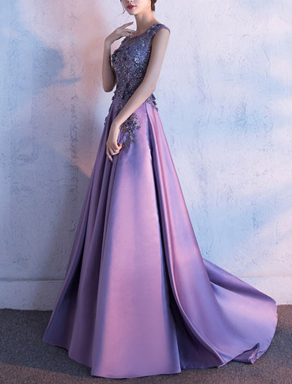 Sheath / Column Mother of the Bride Dress Elegant Petite Jewel Neck Sweep / Brush Train Satin Sleeveless with Sequin Appliques