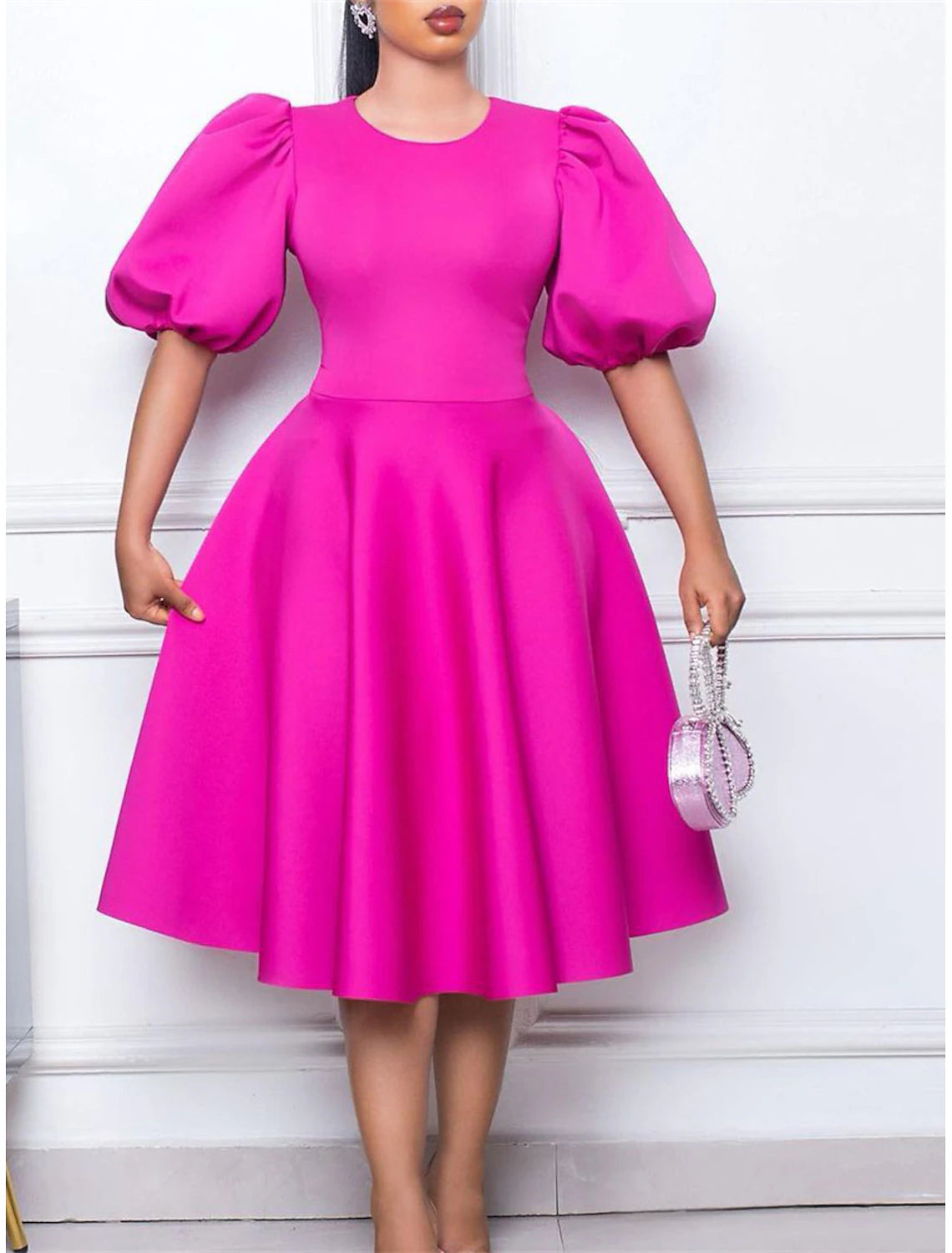 Ruched Crew Neck Short Sleeve Midi Dress Birthday Vacation Black Party Dress Cocktail DressWhite Summer Spring