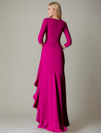 Mermaid / Trumpet Evening Gown Formal 3/4 Length Sleeve V Neck Stretch Crepe with Feather Ruched Ruffles
