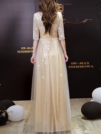 A-Line Prom Dresses Sparkle & Shine Dress Prom Birthday Floor Length Half Sleeve Scoop Neck Lace with Glitter