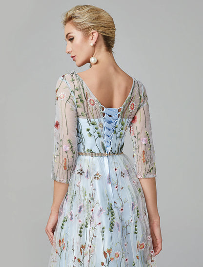 A-Line Evening Gown Floral Dress Holiday Wedding Guest Floor Length 3/4 Length Sleeve Illusion Neck Lace with Embroidery