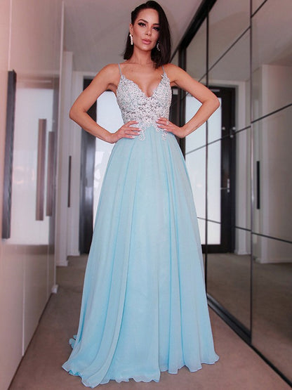 A-Line/Princess Chiffon Applique Sleeveless V-neck Sweep/Brush Train Dresses