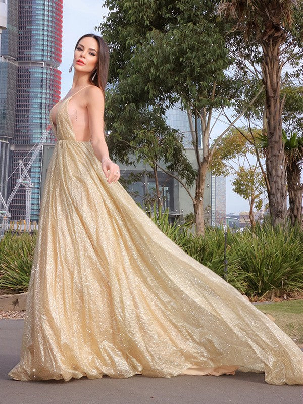 A-Line/Princess Sleeveless V-neck Sweep/Brush Train Ruched Tulle Dresses