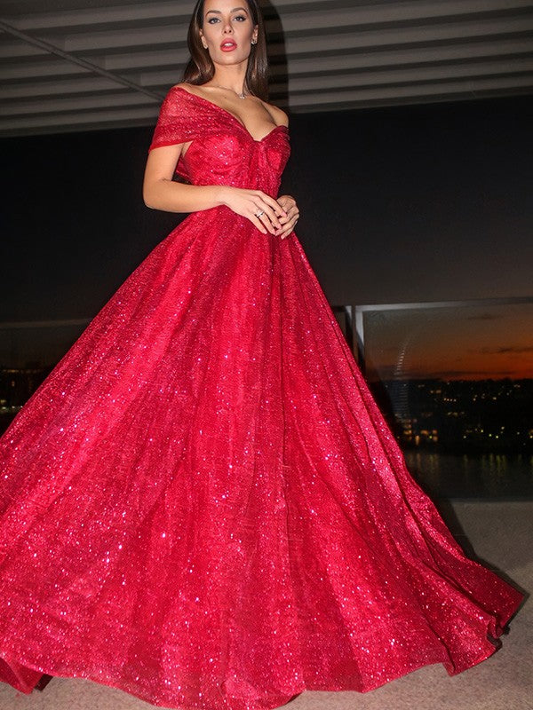 Ball Gown Off-the-Shoulder Sleeveless Satin Ruffles Floor-Length Dresses