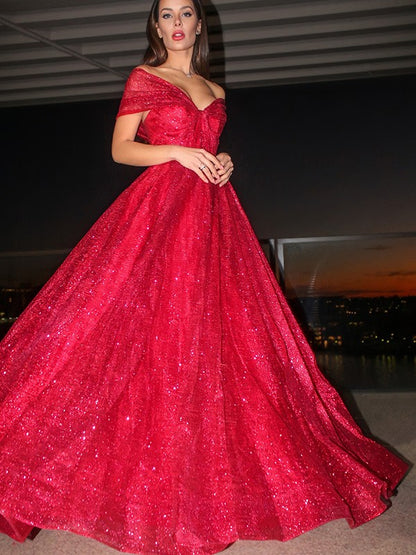 Ball Gown Off-the-Shoulder Sleeveless Satin Ruffles Floor-Length Dresses