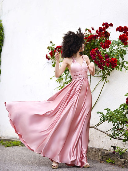 A-Line/Princess Silk like Satin Sleeveless Sash/Ribbon/Belt Spaghetti Straps Floor-Length Dresses