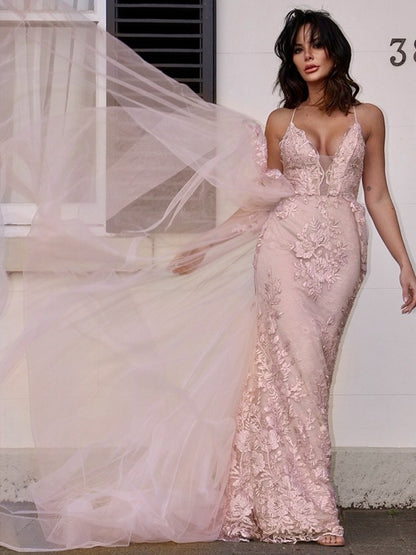A-Line/Princess Tulle Applique V-neck Sleeveless Sweep/Brush Train Dresses