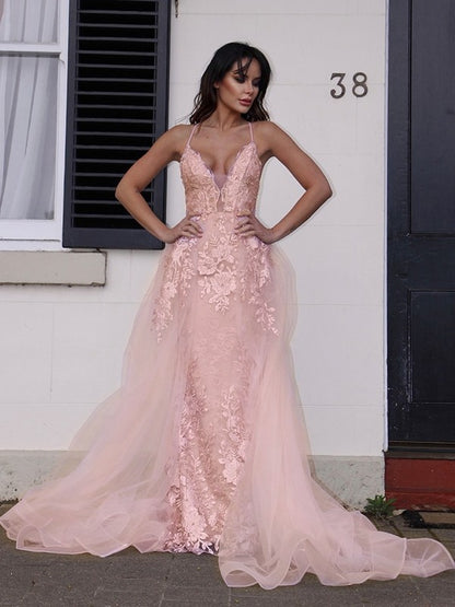 A-Line/Princess Tulle Applique V-neck Sleeveless Sweep/Brush Train Dresses