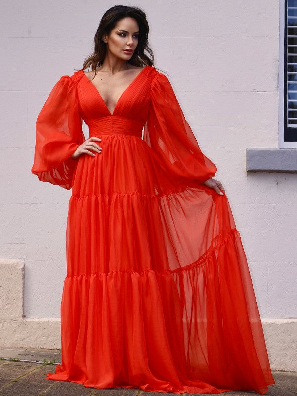 A-Line/Princess V-neck Long Sleeves 30D Chiffon Ruffles Sweep/Brush Train Dresses