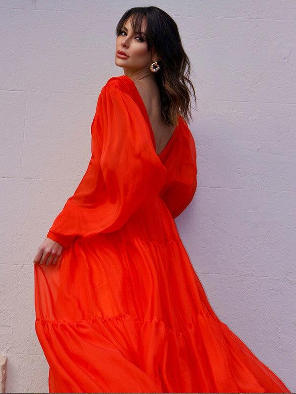 A-Line/Princess V-neck Long Sleeves 30D Chiffon Ruffles Sweep/Brush Train Dresses