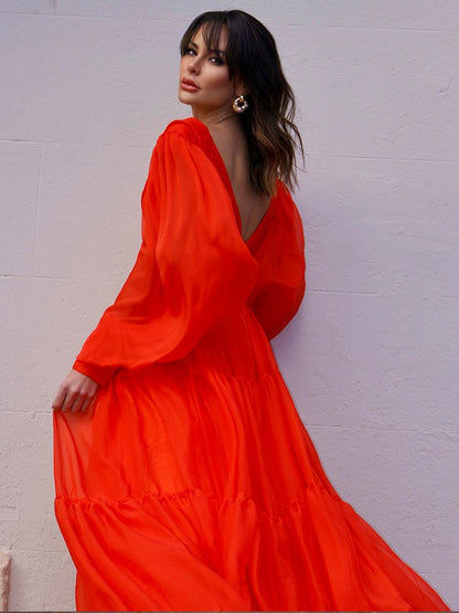 A-Line/Princess V-neck Long Sleeves 30D Chiffon Ruffles Sweep/Brush Train Dresses