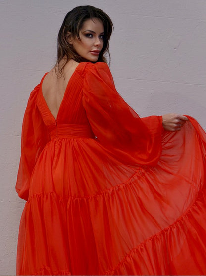 A-Line/Princess V-neck Long Sleeves 30D Chiffon Ruffles Sweep/Brush Train Dresses