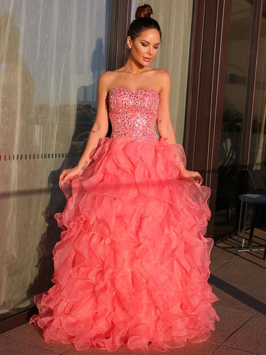 Ball Gown Organza Sweetheart Beading Sleeveless Floor-Length Dresses