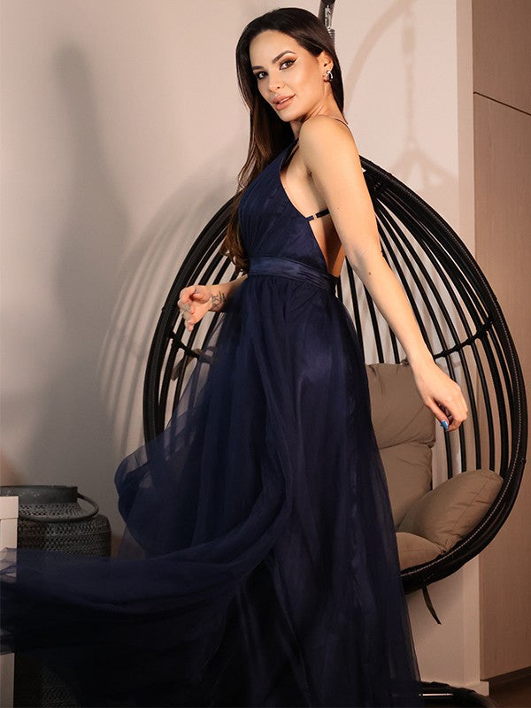 A-Line/Princess Tulle Ruffles V-neck Sleeveless Floor-Length Dresses
