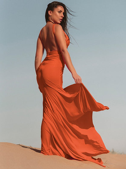 Sheath/Column Jersey Ruched V-neck Sleeveless Sweep/Brush Train Dresses