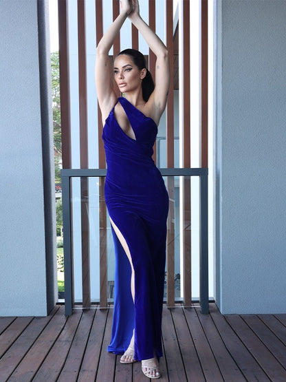 Sheath/Column Velvet Ruched One-Shoulder Sleeveless Floor-Length Dresses