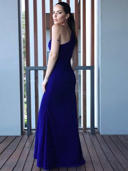 Sheath/Column Velvet Ruched One-Shoulder Sleeveless Floor-Length Dresses