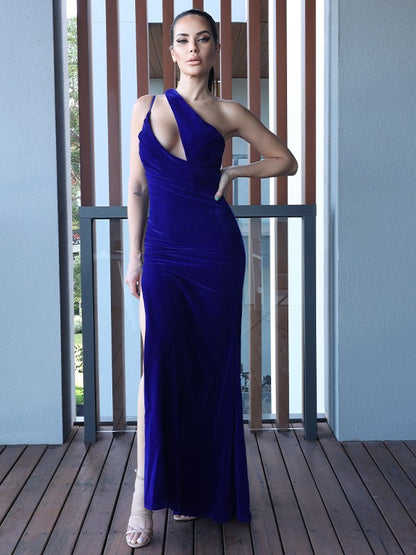 Sheath/Column Velvet Ruched One-Shoulder Sleeveless Floor-Length Dresses