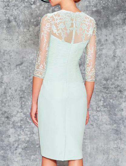 Two Piece Sheath / Column Mother of the Bride Dress Wedding Guest Church Plus Size Elegant Sweetheart Knee Length Chiffon Lace 3/4 Length Sleeve Wrap Included Jacket Dresses with Pleats Embroidery