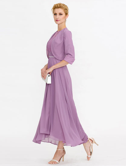 Two Piece Ball Gown A-Line Mother of the Bride Dress Formal Church Convertible Dress High Low See Through Illusion Neck Asymmetrical Chiffon Lace 3/4 Length Sleeve with Crystals