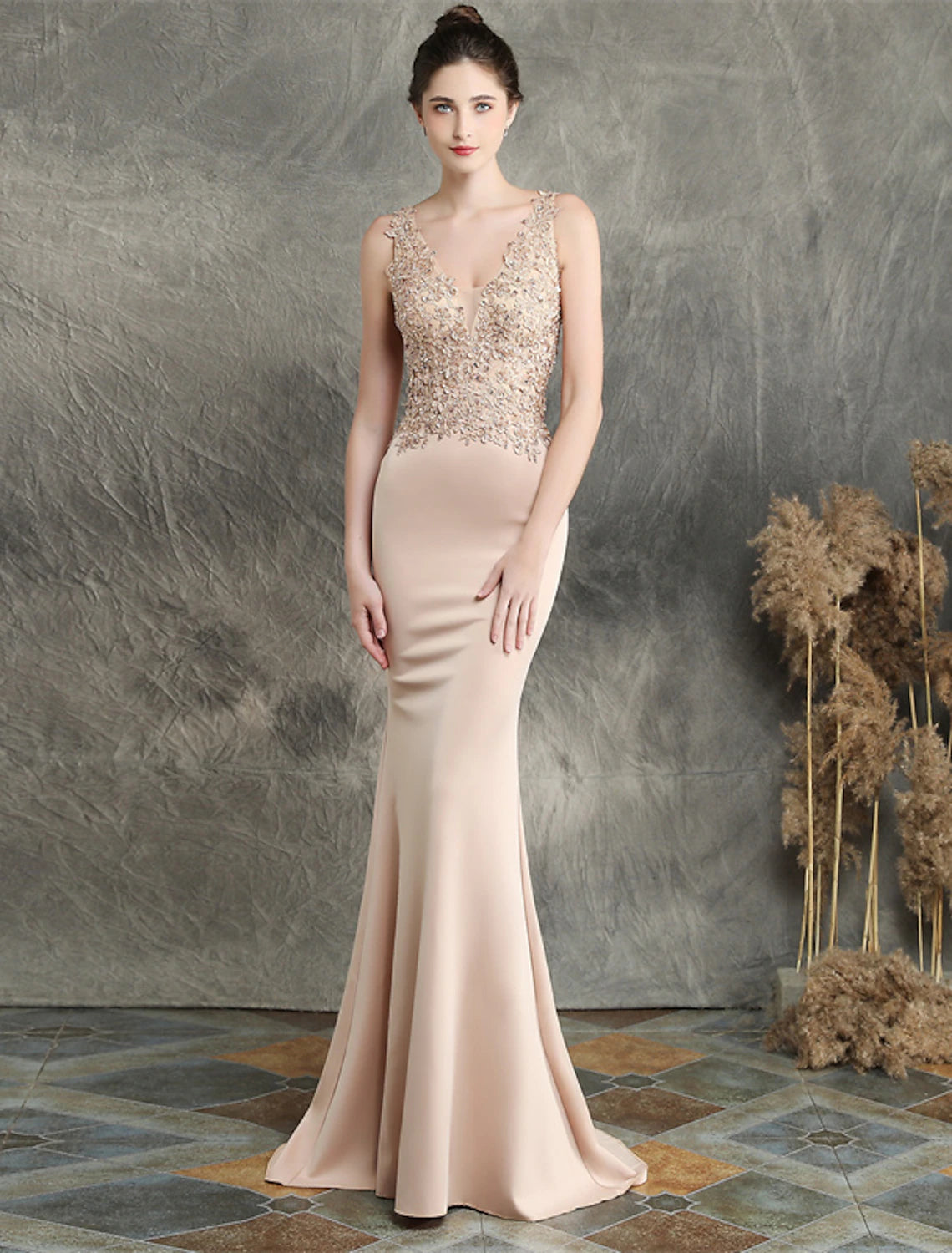 Mermaid / Trumpet Evening Gown Elegant Dress Formal Sweep / Brush Train Sleeveless V Neck Cotton Blend with Beading Appliques