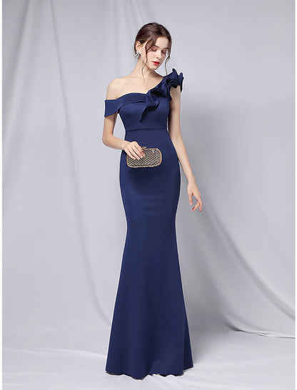 Mermaid / Trumpet Evening Gown Empire Dress Wedding Guest Formal Evening Floor Length Short Sleeve One Shoulder Stretch Satin with Ruffles
