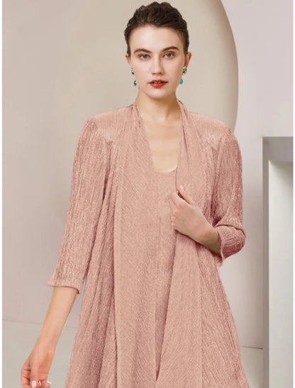 Two Piece Mother of the Bride Dress Simple Petite Scoop Neck Knee Length Lace 3/4 Length Sleeve with Pleats Solid Color