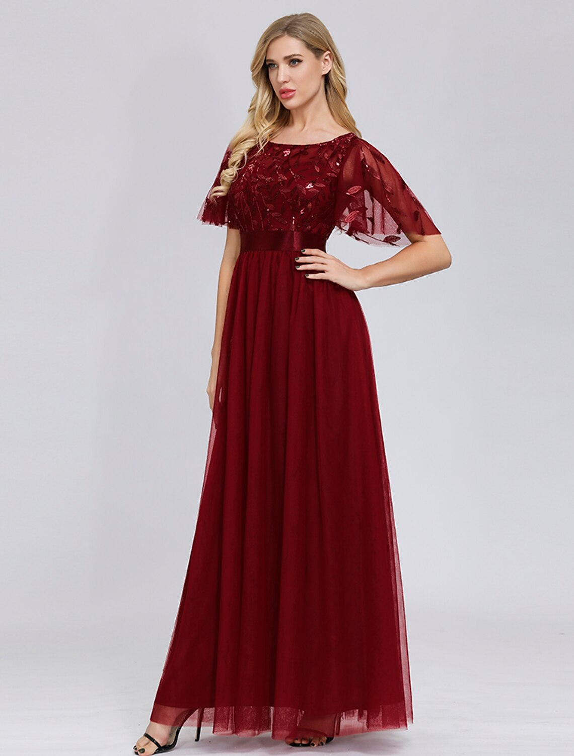 A-Line Empire Elegant Party Wear Prom Dress Jewel Neck Short Sleeve Floor Length Tulle with Embroidery 2022 / Illusion Sleeve