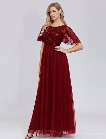A-Line Empire Elegant Party Wear Prom Dress Jewel Neck Short Sleeve Floor Length Tulle with Embroidery 2022 / Illusion Sleeve