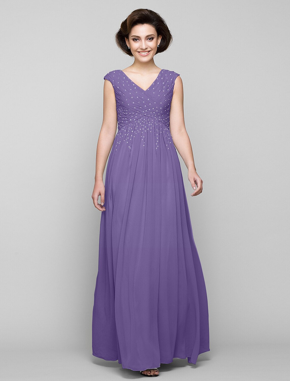 A-Line Mother of the Bride Dress Elegant V Neck Floor Length Chiffon Sleeveless with Criss Cross Beading