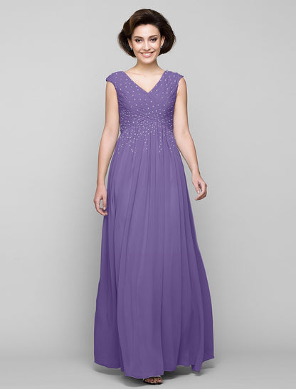 A-Line Mother of the Bride Dress Elegant V Neck Floor Length Chiffon Sleeveless with Criss Cross Beading