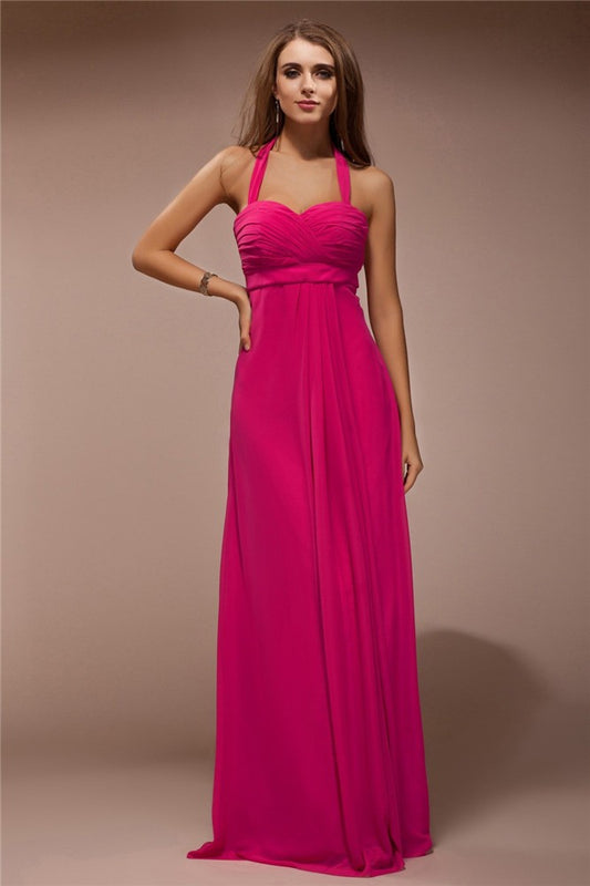 Sheath/Column Halter Sleeveless Long Ruffles Chiffon Bridesmaid Dresses