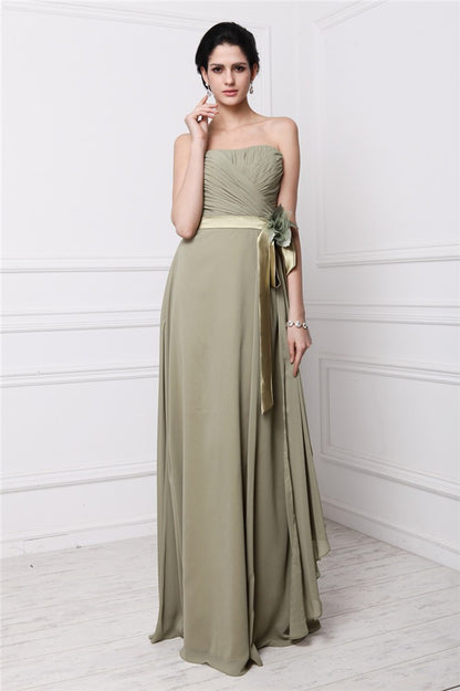 Sheath/Column Strapless Sleeveless Hand-Made Flower Pleats Long Chiffon Bridesmaid Dresses
