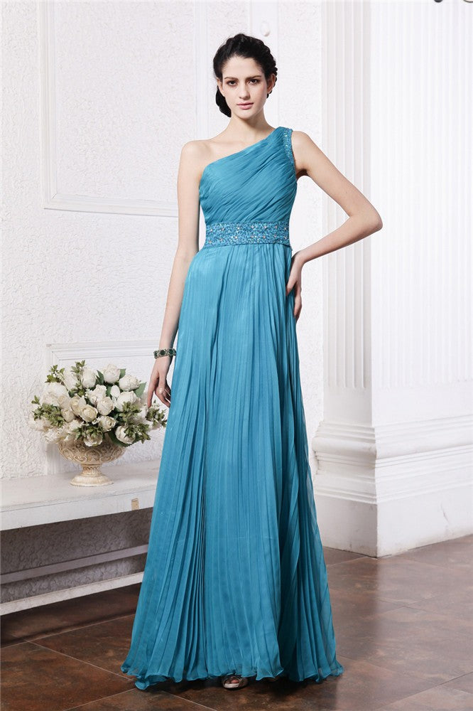 Sheath/Column One-Shoulder Sleeveless Beading Pleats Long Chiffon Bridesmaid Dresses