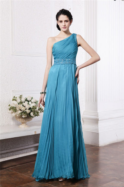 Sheath/Column One-Shoulder Sleeveless Beading Pleats Long Chiffon Bridesmaid Dresses