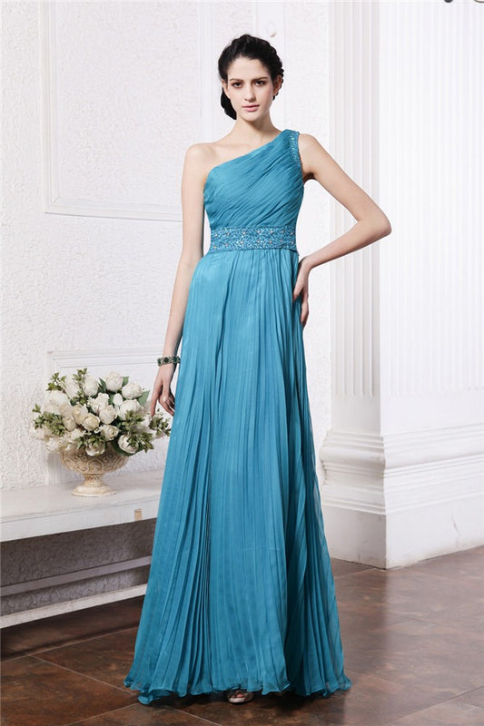 Sheath/Column One-Shoulder Sleeveless Beading Pleats Long Chiffon Bridesmaid Dresses