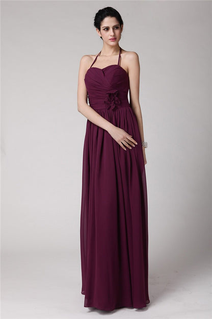 Sheath/Column Halter Sleeveless Hand-Made Flower Long Chiffon Bridesmaid Dresses