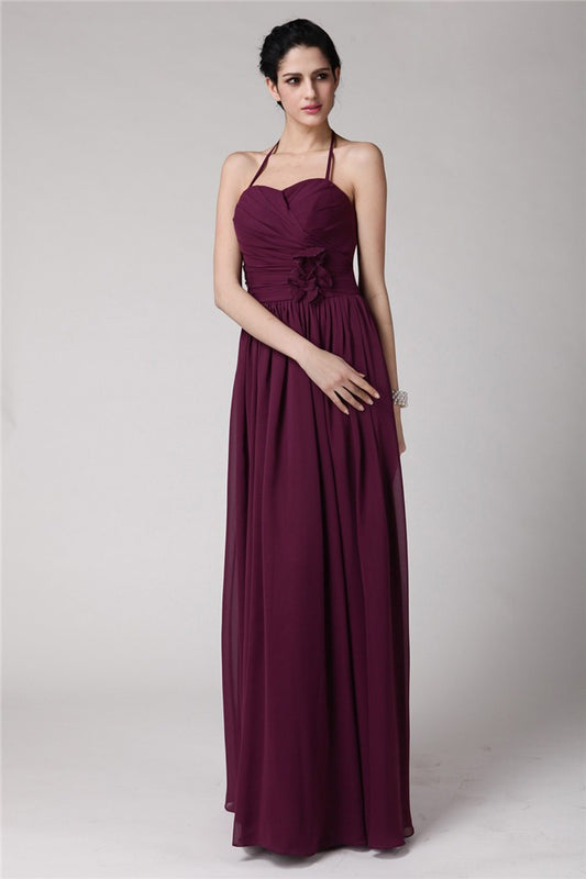 Sheath/Column Halter Sleeveless Hand-Made Flower Long Chiffon Bridesmaid Dresses