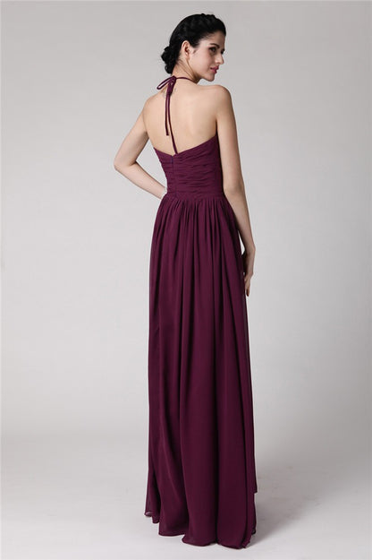 Sheath/Column Halter Sleeveless Hand-Made Flower Long Chiffon Bridesmaid Dresses