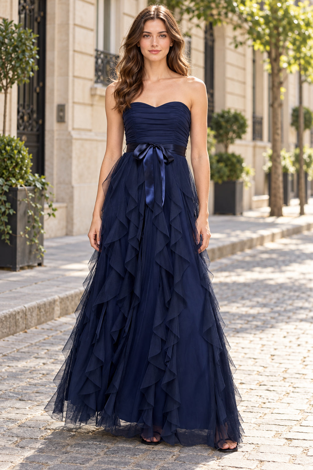 Navy A Line Sweetheart Strapless Zip Back Floor Length Evening Dresses