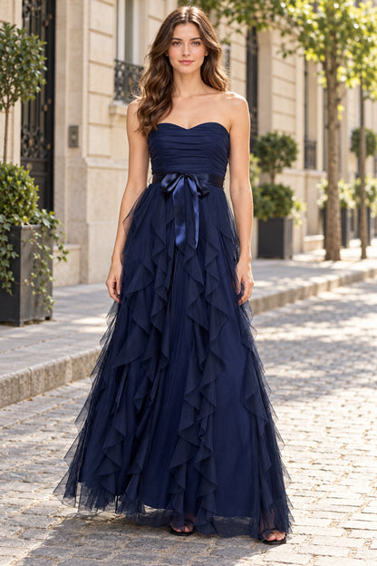Navy A Line Sweetheart Strapless Zip Back Floor Length Evening Dresses