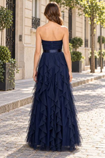 Navy A Line Sweetheart Strapless Zip Back Floor Length Evening Dresses