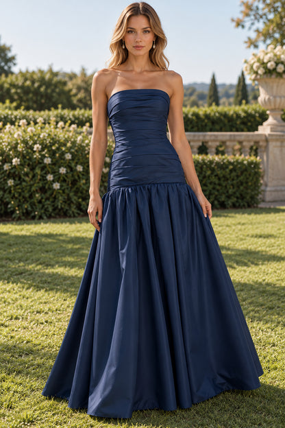 Navy Strapless Ruched Bodice A-Line Ball Evening Dress