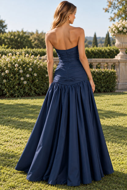 Navy Strapless Ruched Bodice A-Line Ball Evening Dress