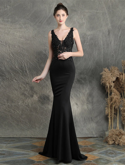 Mermaid / Trumpet Evening Gown Elegant Dress Formal Sweep / Brush Train Sleeveless V Neck Cotton Blend with Beading Appliques