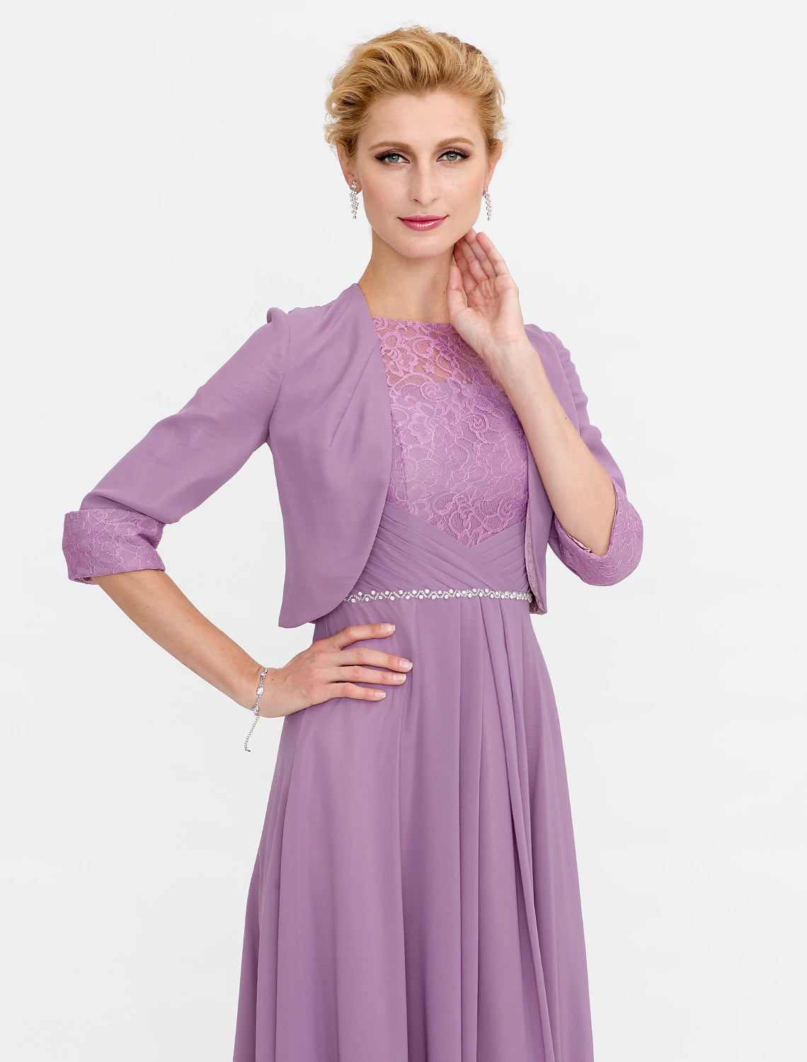 Two Piece Ball Gown A-Line Mother of the Bride Dress Formal Church Convertible Dress High Low See Through Illusion Neck Asymmetrical Chiffon Lace 3/4 Length Sleeve with Crystals