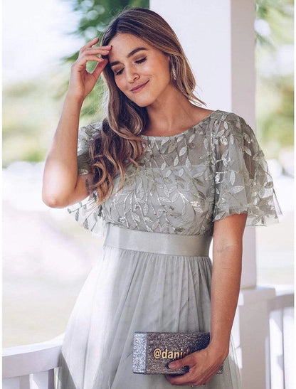 A-Line Empire Elegant Party Wear Prom Dress Jewel Neck Short Sleeve Floor Length Tulle with Embroidery 2022 / Illusion Sleeve